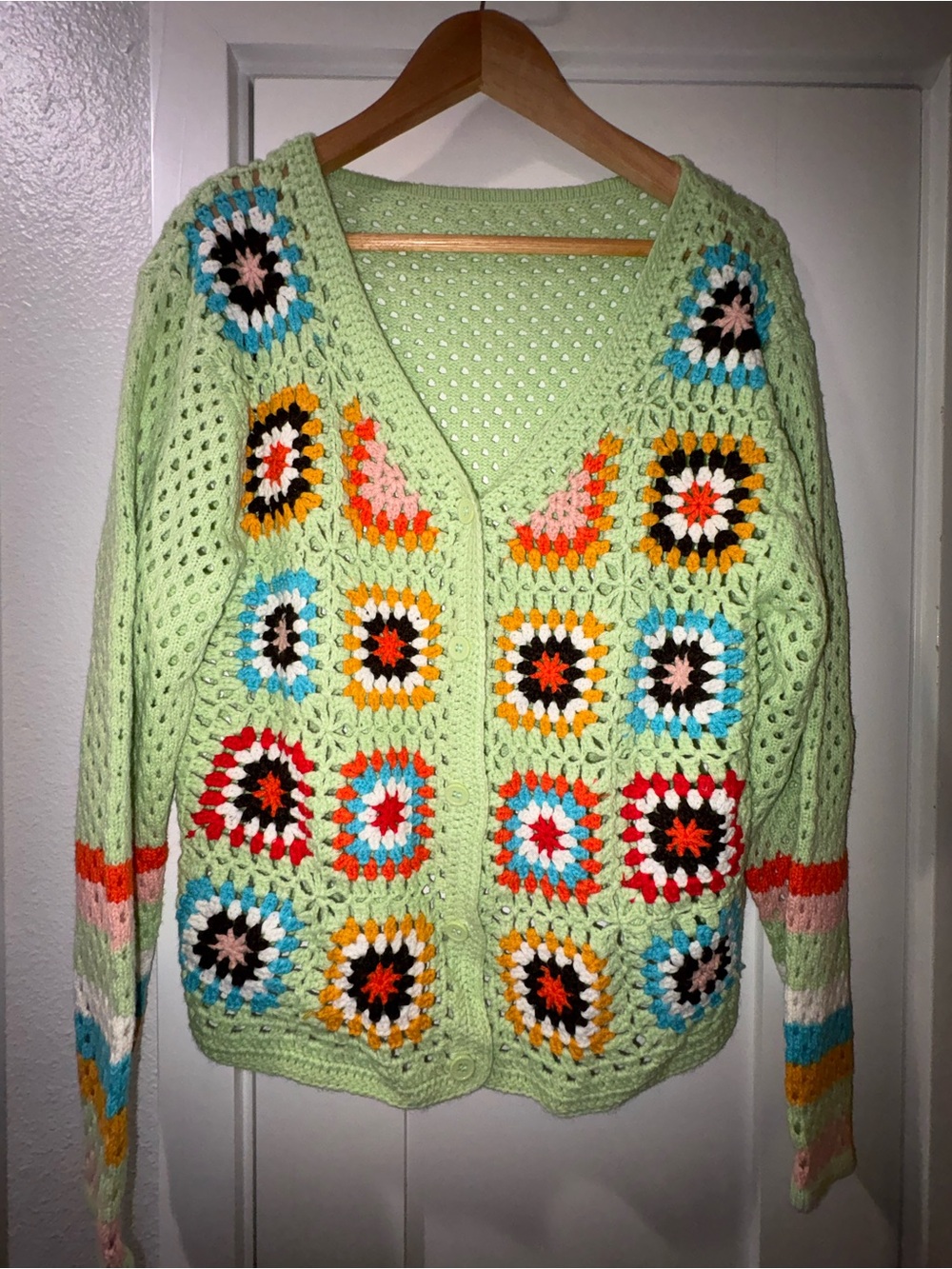 Light Green Crochet Patchwork Cardigan with Multicolor Granny Squares by SHEIN